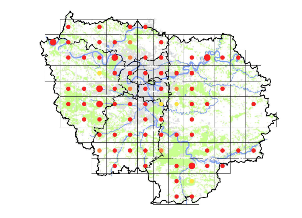 Carte de nidification de la Bernache du Canada Branta canadensis en Île-de-France (issue de l’Atlas des oiseaux nicheurs d’Ile-de-France, 2009-2014). En rouge les nicheurs certains, en orange les nicheurs probables et en jaune les nicheurs possibles. Les cercles concentriques donnent une idée des effectifs nicheurs par maille du quadrillage : de 1 à 10 couples pour les petits cercles, de 11 à 100 couples pour les cercles moyens, de 101 à 1000 pour les plus grands cercles, des losanges lorsqu’il n’y a pas eu de dénombrement.